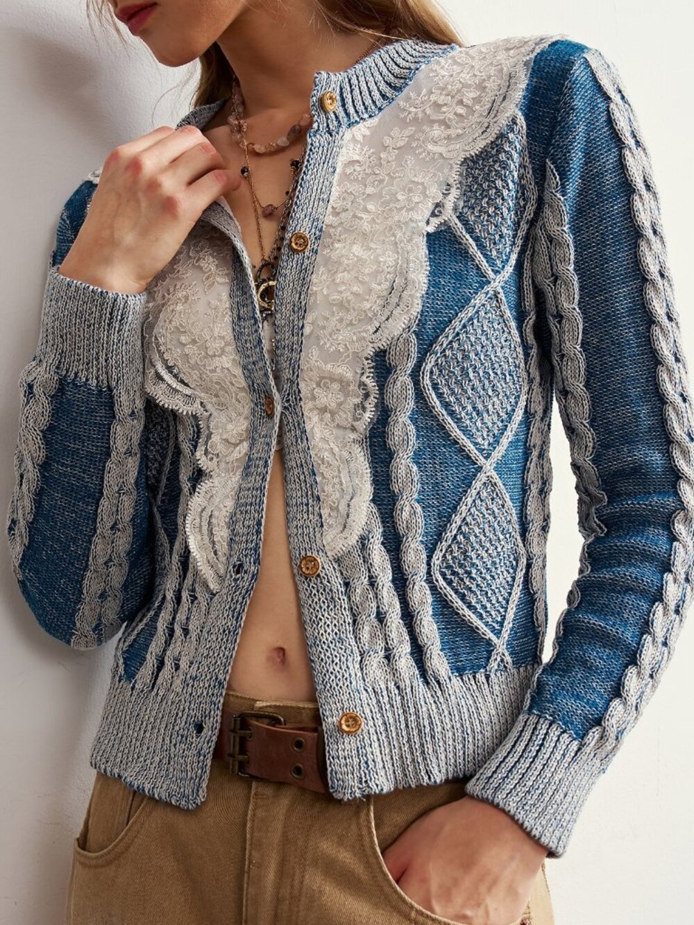 Blue And White Casual Women's Mixed Yarn Diamond Twisted Rope Lace Knit Cardigan